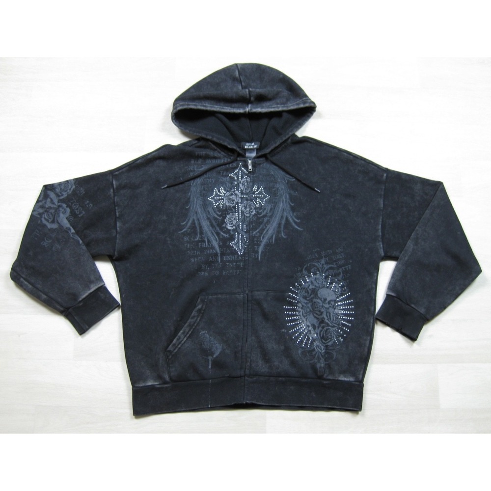 Social Collision Mineral Wash Zip Hoodie Womens (M) Rhinestone Cross Skull Goth